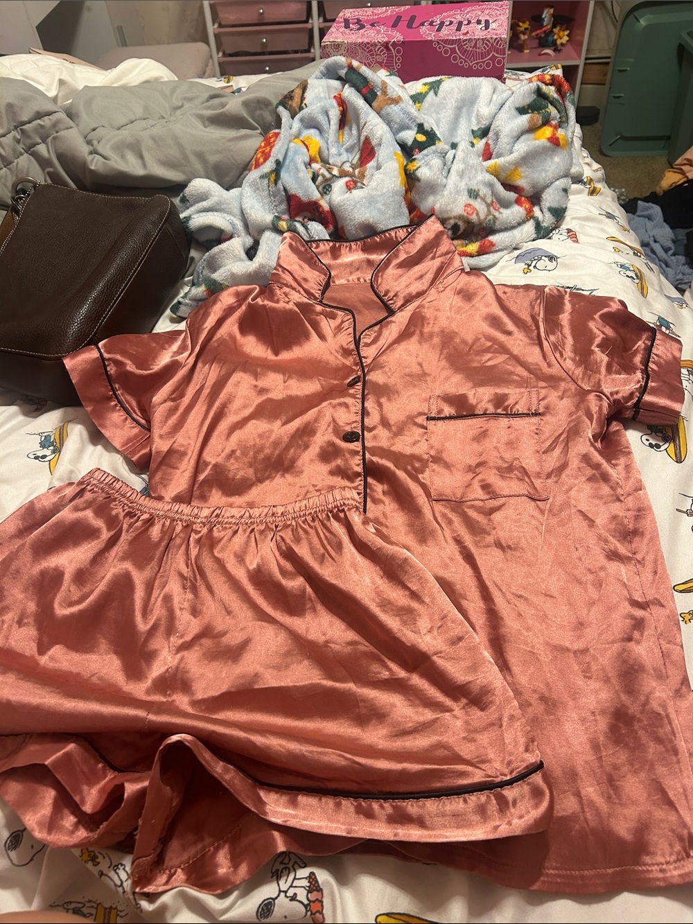 Girls Satin Short Pajama Set in Dusty Rose with Black Trim